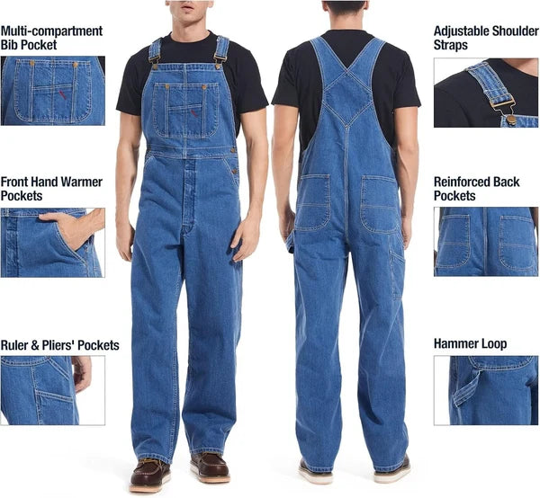 Men's Denim Bib Overalls, Workwear with Adjustable Straps and Convenient Tool Pockets