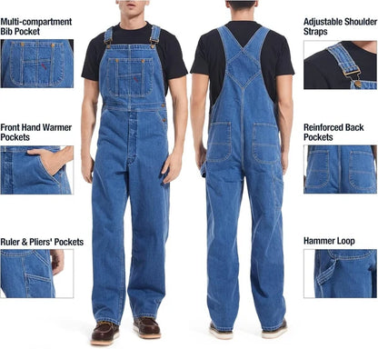 Men's Denim Bib Overalls, Workwear with Adjustable Straps and Convenient Tool Pockets