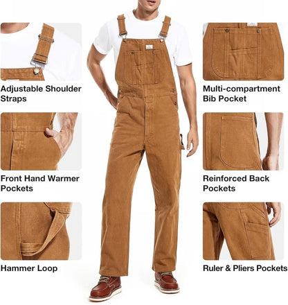 Men's Denim Bib Overalls, Workwear with Adjustable Straps and Convenient Tool Pockets